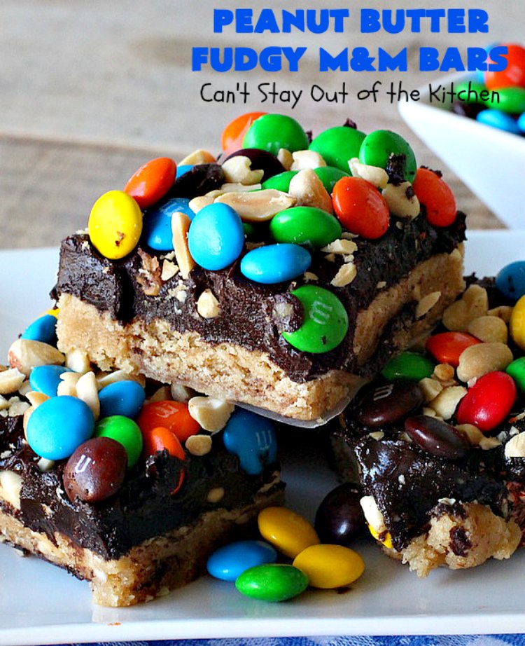 Peanut Butter Fudgy M&M Bars | Can't Stay Out of the Kitchen | these amazing #brownies have only 6 ingredients! They are so quick & easy but also rich, decadent & heavenly. Terrific #dessert for summer #holidays, backyard BBQs, #tailgating parties or for #ChristmasCookieExchanges. #DarkChocolate #Fudge #MMs #cookie #PeanutButter #Peanuts #chocolate #HolidayDessert #PeanutButterFudgyMMBars #ChocolateDessert #MMDessert
