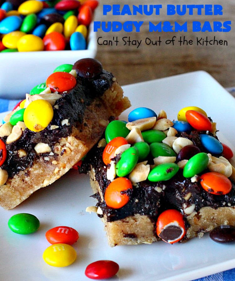 Peanut Butter Fudgy M&M Bars | Can't Stay Out of the Kitchen | these amazing #brownies have only 6 ingredients! They are so quick & easy but also rich, decadent & heavenly. Terrific #dessert for summer #holidays, backyard BBQs, #tailgating parties or for #ChristmasCookieExchanges. #DarkChocolate #Fudge #MMs #cookie #PeanutButter #Peanuts #chocolate #HolidayDessert #PeanutButterFudgyMMBars #ChocolateDessert #MMDessert