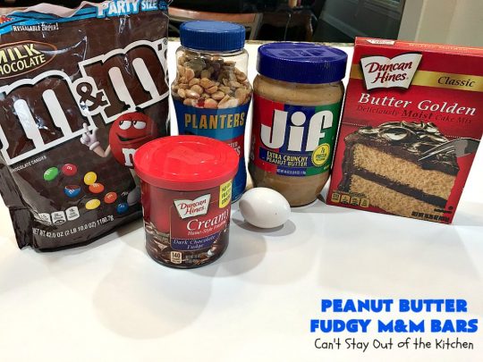 Peanut Butter Fudgy M&M Bars | Can't Stay Out of the Kitchen | these amazing #brownies have only 6 ingredients! They are so quick & easy but also rich, decadent & heavenly. Terrific #dessert for summer #holidays, backyard BBQs, #tailgating parties or for #ChristmasCookieExchanges. #DarkChocolate #Fudge #MMs #cookie #PeanutButter #Peanuts #chocolate #HolidayDessert #PeanutButterFudgyMMBars #ChocolateDessert #MMDessert