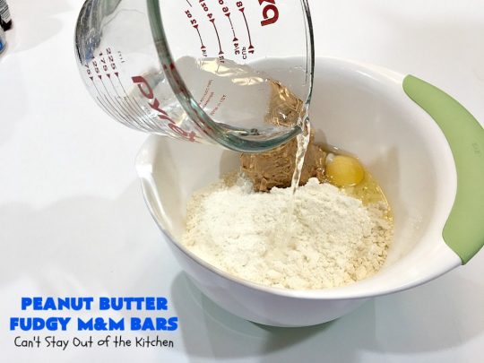 Peanut Butter Fudgy M&M Bars | Can't Stay Out of the Kitchen | these amazing #brownies have only 6 ingredients! They are so quick & easy but also rich, decadent & heavenly. Terrific #dessert for summer #holidays, backyard BBQs, #tailgating parties or for #ChristmasCookieExchanges. #DarkChocolate #Fudge #MMs #cookie #PeanutButter #Peanuts #chocolate #HolidayDessert #PeanutButterFudgyMMBars #ChocolateDessert #MMDessert