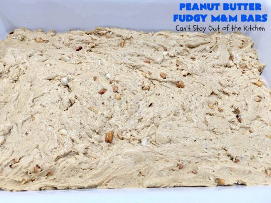 Peanut Butter Fudgy M&M Bars | Can't Stay Out of the Kitchen | these amazing #brownies have only 6 ingredients! They are so quick & easy but also rich, decadent & heavenly. Terrific #dessert for summer #holidays, backyard BBQs, #tailgating parties or for #ChristmasCookieExchanges. #DarkChocolate #Fudge #MMs #cookie #PeanutButter #Peanuts #chocolate #HolidayDessert #PeanutButterFudgyMMBars #ChocolateDessert #MMDessert