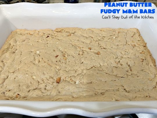 Peanut Butter Fudgy M&M Bars | Can't Stay Out of the Kitchen | these amazing #brownies have only 6 ingredients! They are so quick & easy but also rich, decadent & heavenly. Terrific #dessert for summer #holidays, backyard BBQs, #tailgating parties or for #ChristmasCookieExchanges. #DarkChocolate #Fudge #MMs #cookie #PeanutButter #Peanuts #chocolate #HolidayDessert #PeanutButterFudgyMMBars #ChocolateDessert #MMDessert