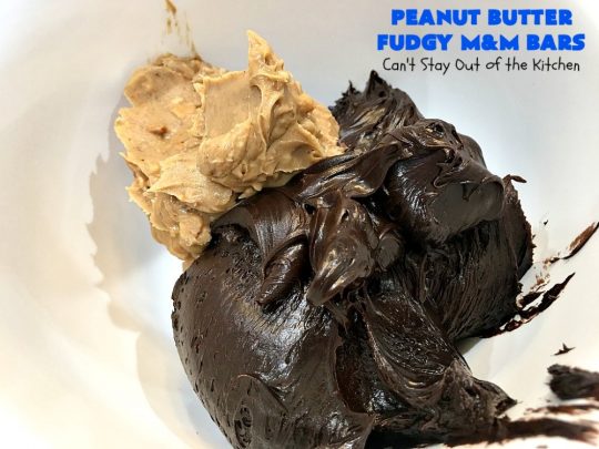 Peanut Butter Fudgy M&M Bars | Can't Stay Out of the Kitchen | these amazing #brownies have only 6 ingredients! They are so quick & easy but also rich, decadent & heavenly. Terrific #dessert for summer #holidays, backyard BBQs, #tailgating parties or for #ChristmasCookieExchanges. #DarkChocolate #Fudge #MMs #cookie #PeanutButter #Peanuts #chocolate #HolidayDessert #PeanutButterFudgyMMBars #ChocolateDessert #MMDessert