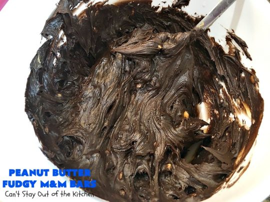 Peanut Butter Fudgy M&M Bars | Can't Stay Out of the Kitchen | these amazing #brownies have only 6 ingredients! They are so quick & easy but also rich, decadent & heavenly. Terrific #dessert for summer #holidays, backyard BBQs, #tailgating parties or for #ChristmasCookieExchanges. #DarkChocolate #Fudge #MMs #cookie #PeanutButter #Peanuts #chocolate #HolidayDessert #PeanutButterFudgyMMBars #ChocolateDessert #MMDessert