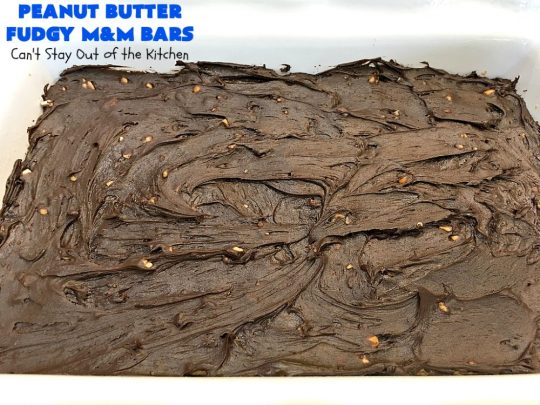 Peanut Butter Fudgy M&M Bars | Can't Stay Out of the Kitchen | these amazing #brownies have only 6 ingredients! They are so quick & easy but also rich, decadent & heavenly. Terrific #dessert for summer #holidays, backyard BBQs, #tailgating parties or for #ChristmasCookieExchanges. #DarkChocolate #Fudge #MMs #cookie #PeanutButter #Peanuts #chocolate #HolidayDessert #PeanutButterFudgyMMBars #ChocolateDessert #MMDessert
