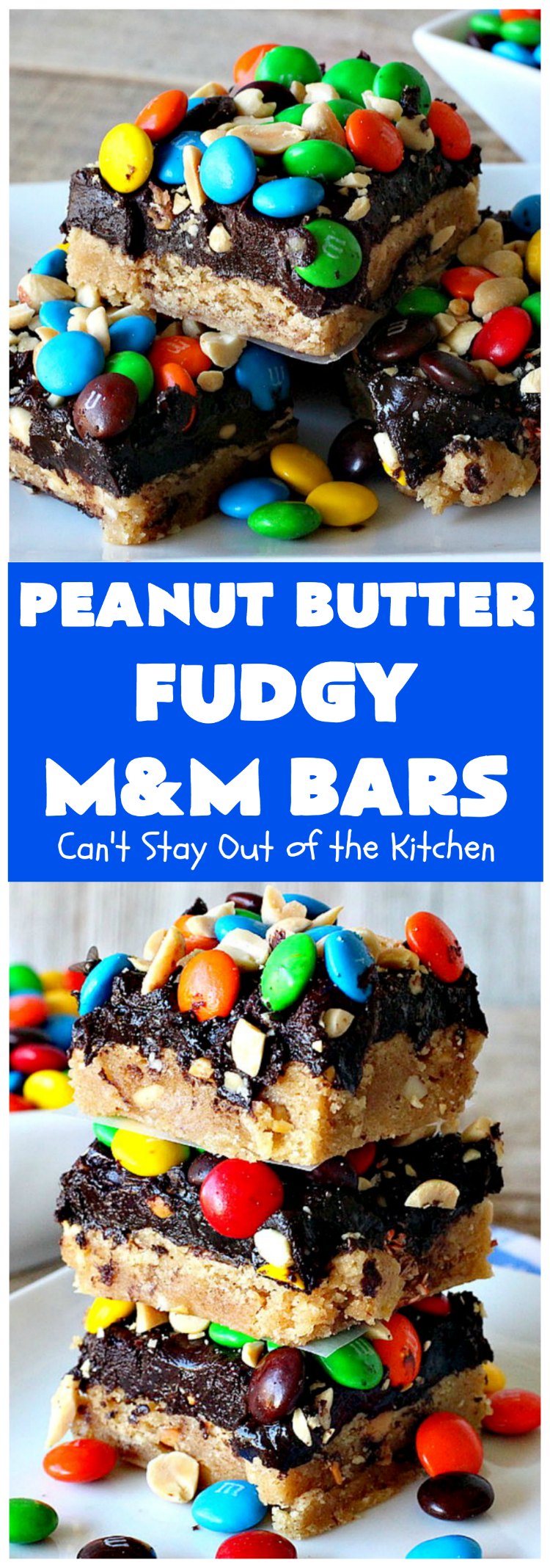Peanut Butter Fudgy M&M Bars | Can't Stay Out of the Kitchen | these amazing #brownies have only 6 ingredients! They are so quick & easy but also rich, decadent & heavenly. Terrific #dessert for summer #holidays, backyard BBQs, #tailgating parties or for #ChristmasCookieExchanges. #DarkChocolate #Fudge #MMs #cookie #PeanutButter #Peanuts #chocolate #HolidayDessert #PeanutButterFudgyMMBars #ChocolateDessert #MMDessert