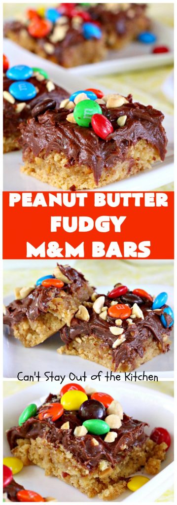 Peanut Butter Fudgy M&M Bars | Can't Stay Out of the Kitchen | Here's an easy 6-ingredient #recipe that will have you salivating from the first sniff! This luscious #PeanutButter #dessert will knock your socks off! Great for #Tailgating parties, potlucks or summer #holiday fun like #MemorialDay. #chocolate #fudge #MMs #cookie #ChocolateDessert #MMDessert #peanuts #brownie