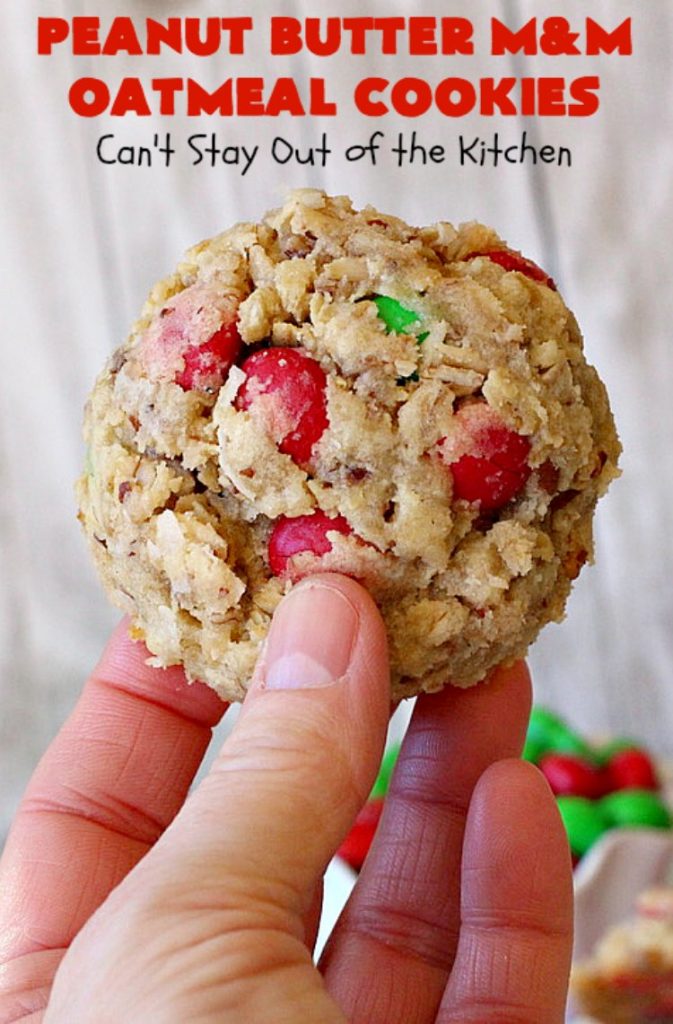 Peanut Butter M&M Oatmeal Cookies | Can't Stay Out of the Kitchen | these fantastic #Oatmeal #Cookies include #coconut #pecans & #PeanutButter #M&Ms. They are so awesome. #Dessert #PeanutButterDessert #OatmealCookie #PeanutButterCookie #Chocolate #tailgating #PeanutButterM&Ms