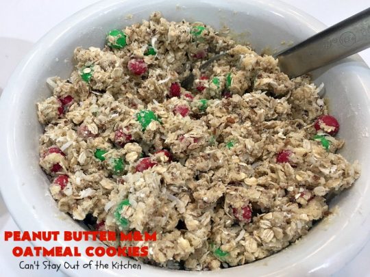 Peanut Butter M&M Oatmeal Cookies | Can't Stay Out of the Kitchen | these fantastic #Oatmeal #Cookies include #coconut #pecans & #PeanutButter #M&Ms. They are so awesome. #Dessert #PeanutButterDessert #OatmealCookie #PeanutButterCookie #Chocolate #tailgating #PeanutButterM&Ms