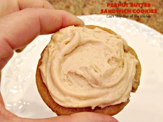 Peanut Butter Sandwich Cookies | Can't Stay Out of the Kitchen | these #cookies are irresistible. They're filled with #PeanutButter plus they have a luscious peanut butter frosting in the middle. They're so mouthwatering you won't be able to stop eating them! Great for #tailgating parties, birthdays or grilling out with friends. #dessert #PeanutButterCookies #PeanutButterSandwichCookies #southern #PeanutButterDessert #FavoritePeanutButterCookies