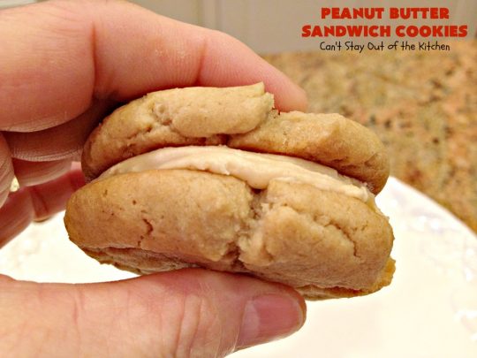 Peanut Butter Sandwich Cookies | Can't Stay Out of the Kitchen | these #cookies are irresistible. They're filled with #PeanutButter plus they have a luscious peanut butter frosting in the middle. They're so mouthwatering you won't be able to stop eating them! Great for #tailgating parties, birthdays or grilling out with friends. #dessert #PeanutButterCookies #PeanutButterSandwichCookies #southern #PeanutButterDessert #FavoritePeanutButterCookies