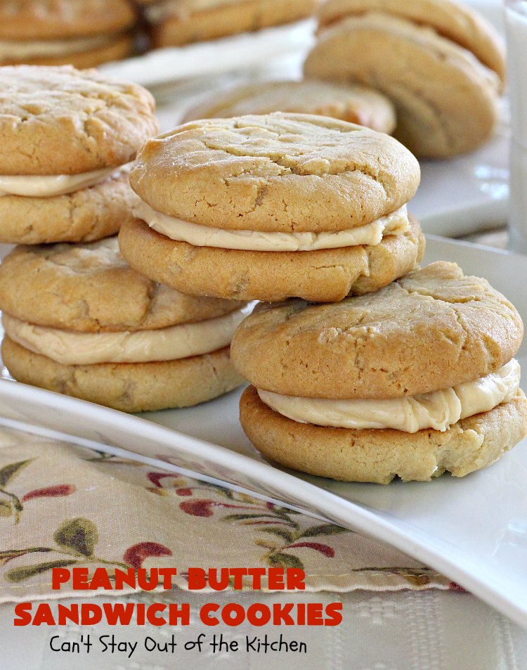 Peanut Butter Sandwich Cookies | Can't Stay Out of the Kitchen | these #cookies are irresistible. They're filled with #PeanutButter plus they have a luscious peanut butter frosting in the middle. They're so mouthwatering you won't be able to stop eating them! Great for #tailgating parties, birthdays or grilling out with friends. #dessert #PeanutButterCookies #PeanutButterSandwichCookies #southern #PeanutButterDessert #FavoritePeanutButterCookies