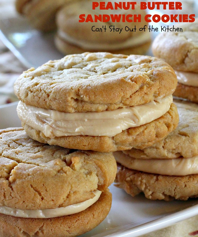 Peanut Butter Sandwich Cookies | Can't Stay Out of the Kitchen | these #cookies are irresistible. They're filled with #PeanutButter plus they have a luscious peanut butter frosting in the middle. They're so mouthwatering you won't be able to stop eating them! Great for #tailgating parties, birthdays or grilling out with friends. #dessert #PeanutButterCookies #PeanutButterSandwichCookies #southern #PeanutButterDessert #FavoritePeanutButterCookies