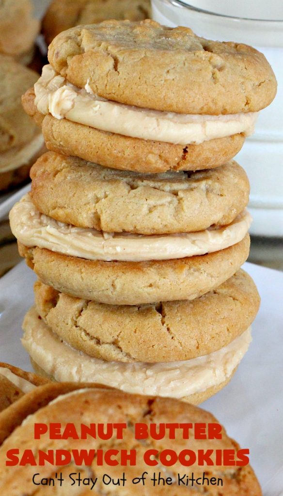 Peanut Butter Sandwich Cookies | Can't Stay Out of the Kitchen | these #cookies are irresistible. They're filled with #PeanutButter plus they have a luscious peanut butter frosting in the middle. They're so mouthwatering you won't be able to stop eating them! Great for #tailgating parties, birthdays or grilling out with friends. #dessert #PeanutButterCookies #PeanutButterSandwichCookies #southern #PeanutButterDessert #FavoritePeanutButterCookies