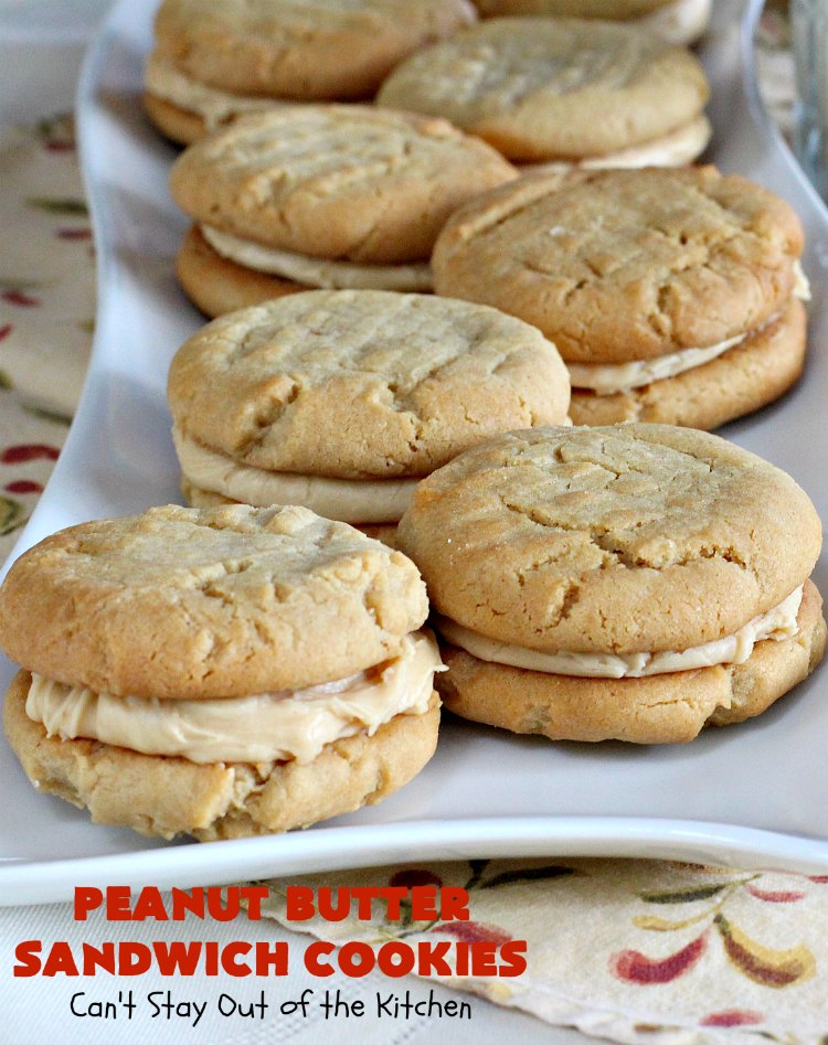 Peanut Butter Sandwich Cookies | Can't Stay Out of the Kitchen | these #cookies are irresistible. They're filled with #PeanutButter plus they have a luscious peanut butter frosting in the middle. They're so mouthwatering you won't be able to stop eating them! Great for #tailgating parties, birthdays or grilling out with friends. #dessert #PeanutButterCookies #PeanutButterSandwichCookies #southern #PeanutButterDessert #FavoritePeanutButterCookies