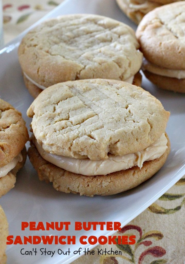 Peanut Butter Sandwich Cookies | Can't Stay Out of the Kitchen | these #cookies are irresistible. They're filled with #PeanutButter plus they have a luscious peanut butter frosting in the middle. They're so mouthwatering you won't be able to stop eating them! Great for #tailgating parties, birthdays or grilling out with friends. #dessert #PeanutButterCookies #PeanutButterSandwichCookies #southern #PeanutButterDessert #FavoritePeanutButterCookies