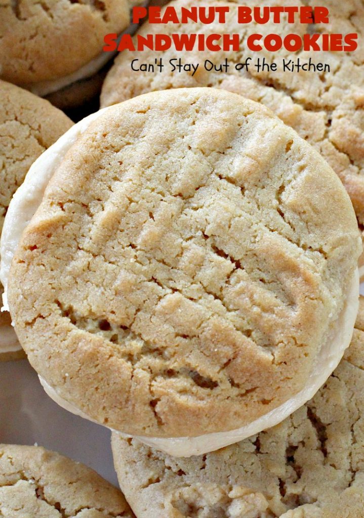 Peanut Butter Sandwich Cookies | Can't Stay Out of the Kitchen | these #cookies are irresistible. They're filled with #PeanutButter plus they have a luscious peanut butter frosting in the middle. They're so mouthwatering you won't be able to stop eating them! Great for #tailgating parties, birthdays or grilling out with friends. #dessert #PeanutButterCookies #PeanutButterSandwichCookies #southern #PeanutButterDessert #FavoritePeanutButterCookies