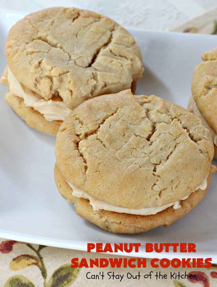 Peanut Butter Sandwich Cookies | Can't Stay Out of the Kitchen | these #cookies are irresistible. They're filled with #PeanutButter plus they have a luscious peanut butter frosting in the middle. They're so mouthwatering you won't be able to stop eating them! Great for #tailgating parties, birthdays or grilling out with friends. #dessert #PeanutButterCookies #PeanutButterSandwichCookies #southern #PeanutButterDessert #FavoritePeanutButterCookies