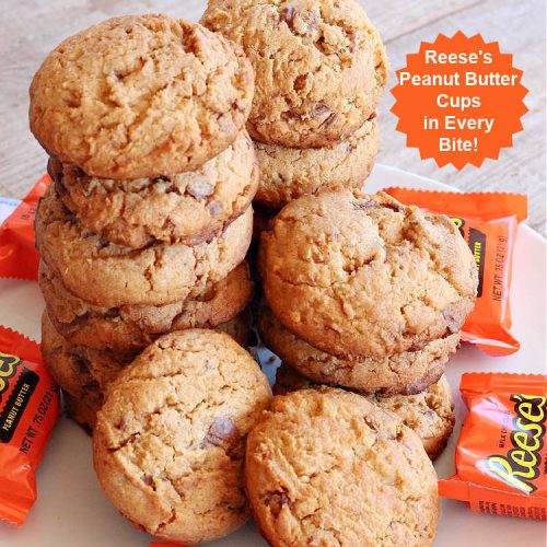 Peanut Butter Surprises | Can't Stay Out of the Kitchen | Surprise your family with these amazing #cookies. They're chocked full of #PeanutButter & #ReesesPeanutButterCups. Every bite will rock your world! Great for #tailgating or #holiday parties. #chocolate #dessert #ChocolateDessert #PeanutButterDessert #HolidayDessert #ReesesPeanutButterCupsDessert #PeanutButterSurprises