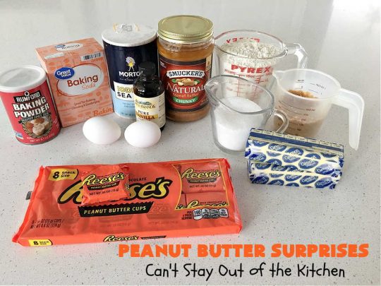 Peanut Butter Surprises | Can't Stay Out of the Kitchen | Surprise your family with these amazing #cookies. They're chocked full of #PeanutButter & #ReesesPeanutButterCups. Every bite will rock your world! Great for #tailgating or #holiday parties. #chocolate #dessert #ChocolateDessert #PeanutButterDessert #HolidayDessert #ReesesPeanutButterCupsDessert #PeanutButterSurprises