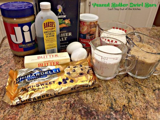 Peanut Butter Swirl Bars | Can't Stay Out of the Kitchen | these amazing #brownies have chunky #peanutbutter and #chocolatechips swirled through the batter. #chocolate #dessert #cookie