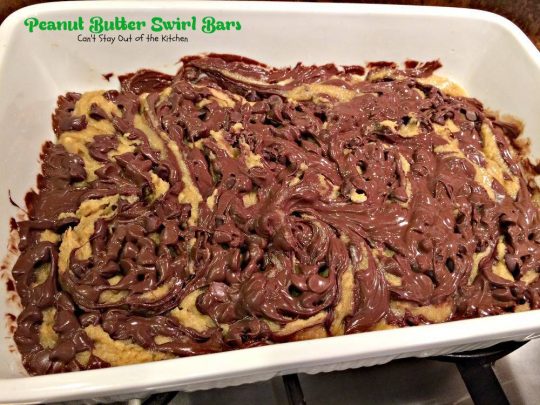 Peanut Butter Swirl Bars | Can't Stay Out of the Kitchen | these amazing #brownies have chunky #peanutbutter and #chocolatechips swirled through the batter. #chocolate #dessert #cookie