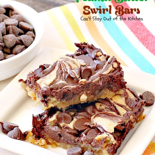 Peanut Butter Swirl Bars | Can't Stay Out of the Kitchen | some of our favorite #brownies ever! #chocolatechips are swirled into a delicious #peanutbutter #brownie batter. Rich, decadent, heavenly! #dessert #chocolate