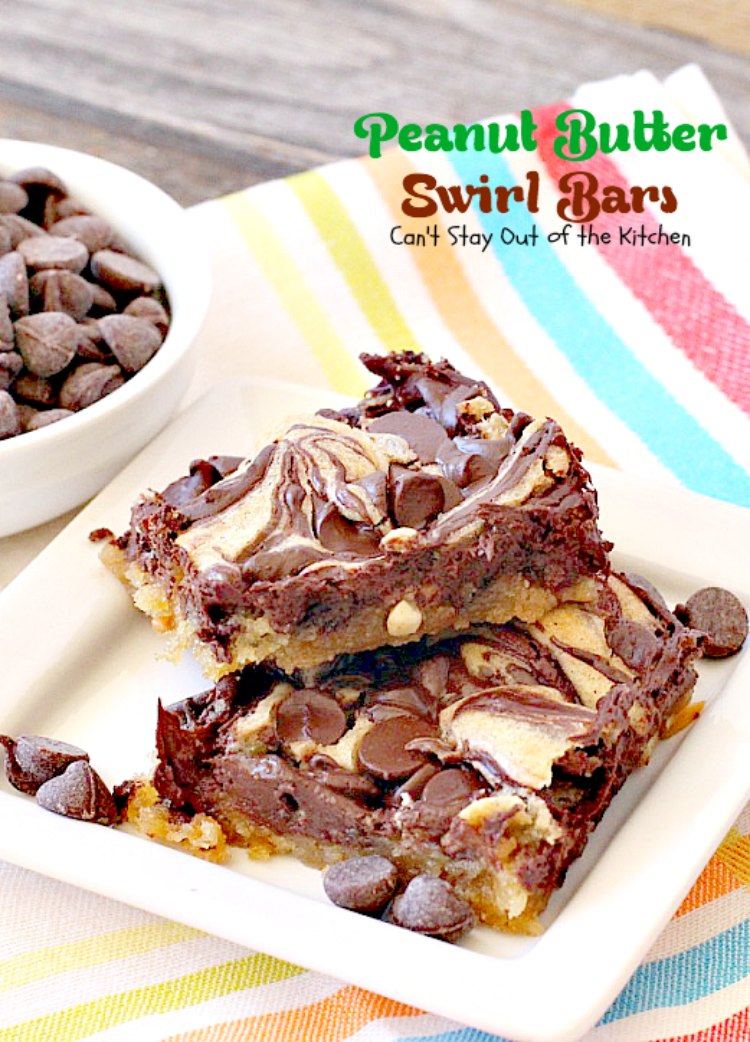 Peanut Butter Swirl Bars | Can't Stay Out of the Kitchen | some of our favorite #brownies ever! #chocolatechips are swirled into a delicious #peanutbutter #brownie batter. Rich, decadent, heavenly! #dessert #chocolate