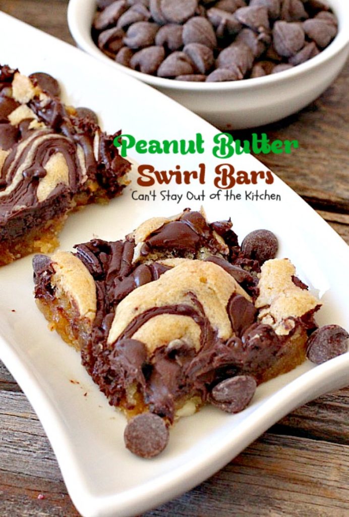 Peanut Butter Swirl Bars | Can't Stay Out of the Kitchen | some of our favorite #brownies ever! #chocolatechips are swirled into a delicious #peanutbutter #brownie batter. Rich, decadent, heavenly! #dessert #chocolate