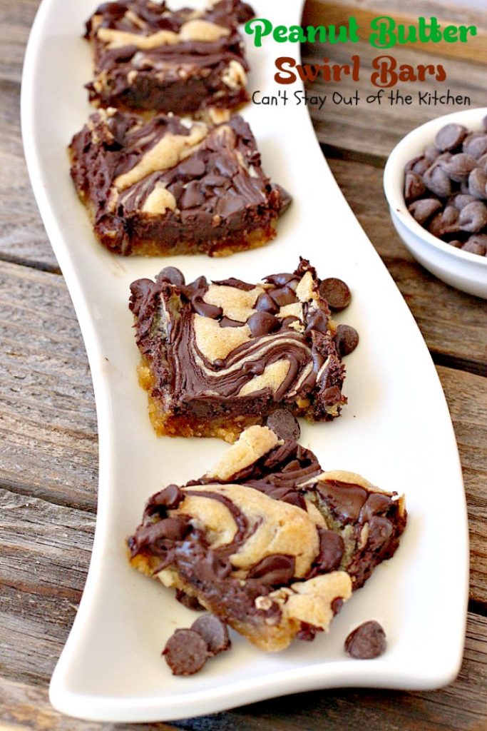 Peanut Butter Swirl Bars | Can't Stay Out of the Kitchen | some of our favorite #brownies ever! #chocolatechips are swirled into a delicious #peanutbutter #brownie batter. Rich, decadent, heavenly! #dessert #chocolate
