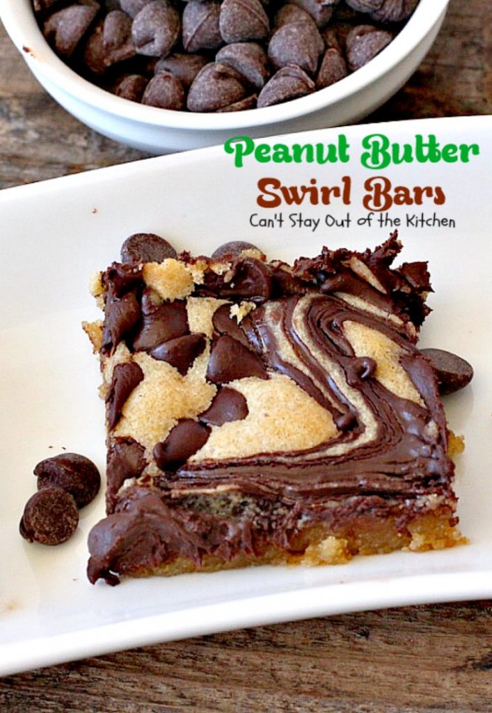 Peanut Butter Swirl Bars | Can't Stay Out of the Kitchen | some of our favorite #brownies ever! #chocolatechips are swirled into a delicious #peanutbutter #brownie batter. Rich, decadent, heavenly! #dessert #chocolate