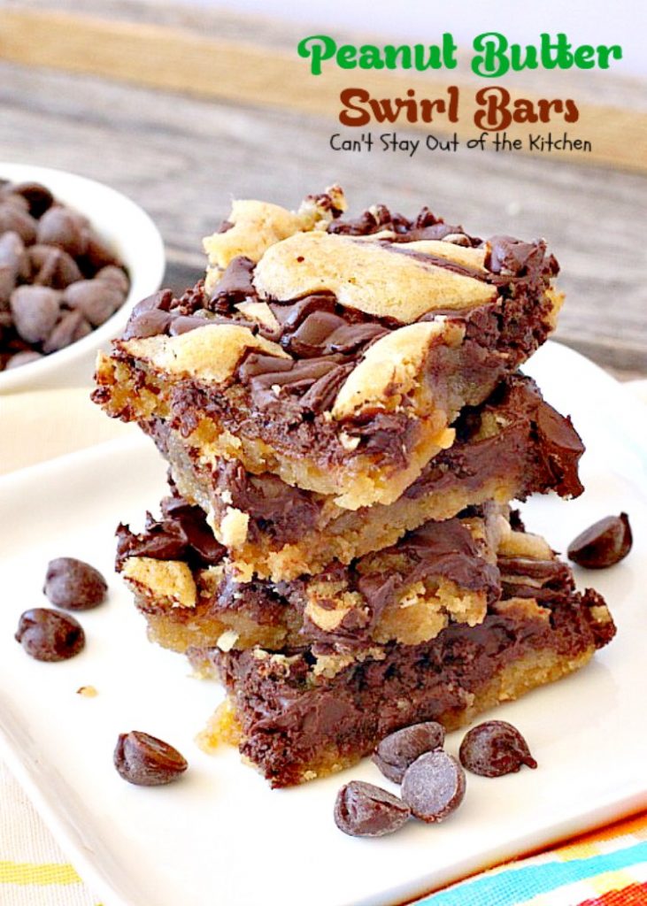 Peanut Butter Swirl Bars | Can't Stay Out of the Kitchen | some of our favorite #brownies ever! #chocolatechips are swirled into a delicious #peanutbutter #brownie batter. Rich, decadent, heavenly! #dessert #chocolate