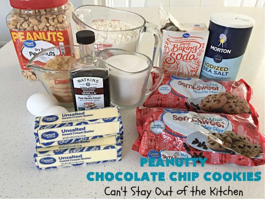 Peanutty Chocolate Chip Cookies | Can't Stay Out of the Kitchen | these luscious #cookies are filled with miniature #ChocolateChips & #RoastedPeanuts. They're both crunchy & chewy with soft insides. Excellent for #tailgating parties, potlucks, backyard BBQs & a #ChristmasCookieExchange. #holiday #HolidayDessert #ChocolateDessert #PeanutButterDessert #dessert #chocolate #PeanuttyChocolateChipCookies