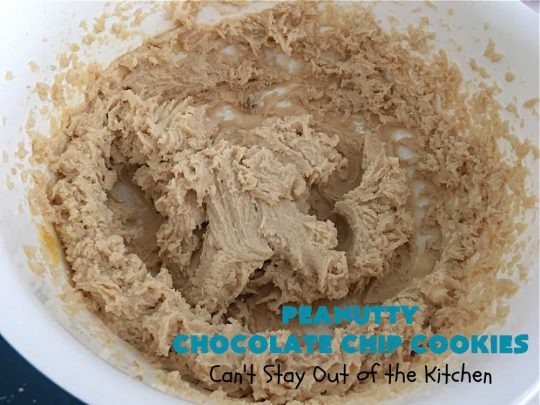 Peanutty Chocolate Chip Cookies | Can't Stay Out of the Kitchen | these luscious #cookies are filled with miniature #ChocolateChips & #RoastedPeanuts. They're both crunchy & chewy with soft insides. Excellent for #tailgating parties, potlucks, backyard BBQs & a #ChristmasCookieExchange. #holiday #HolidayDessert #ChocolateDessert #PeanutButterDessert #dessert #chocolate #PeanuttyChocolateChipCookies