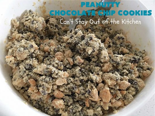 Peanutty Chocolate Chip Cookies | Can't Stay Out of the Kitchen | these luscious #cookies are filled with miniature #ChocolateChips & #RoastedPeanuts. They're both crunchy & chewy with soft insides. Excellent for #tailgating parties, potlucks, backyard BBQs & a #ChristmasCookieExchange. #holiday #HolidayDessert #ChocolateDessert #PeanutButterDessert #dessert #chocolate #PeanuttyChocolateChipCookies