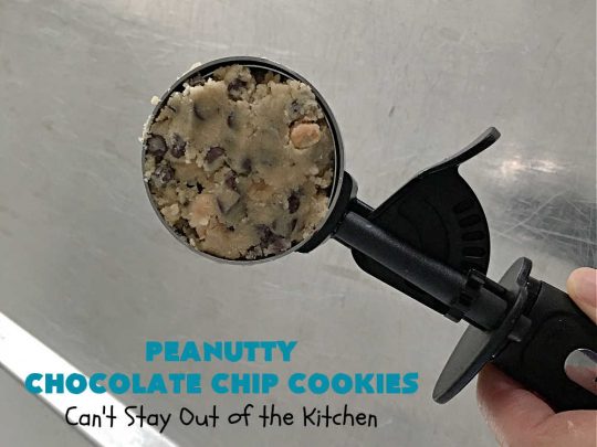 Peanutty Chocolate Chip Cookies | Can't Stay Out of the Kitchen | these luscious #cookies are filled with miniature #ChocolateChips & #RoastedPeanuts. They're both crunchy & chewy with soft insides. Excellent for #tailgating parties, potlucks, backyard BBQs & a #ChristmasCookieExchange. #holiday #HolidayDessert #ChocolateDessert #PeanutButterDessert #dessert #chocolate #PeanuttyChocolateChipCookies