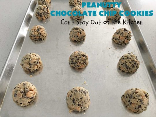 Peanutty Chocolate Chip Cookies | Can't Stay Out of the Kitchen | these luscious #cookies are filled with miniature #ChocolateChips & #RoastedPeanuts. They're both crunchy & chewy with soft insides. Excellent for #tailgating parties, potlucks, backyard BBQs & a #ChristmasCookieExchange. #holiday #HolidayDessert #ChocolateDessert #PeanutButterDessert #dessert #chocolate #PeanuttyChocolateChipCookies