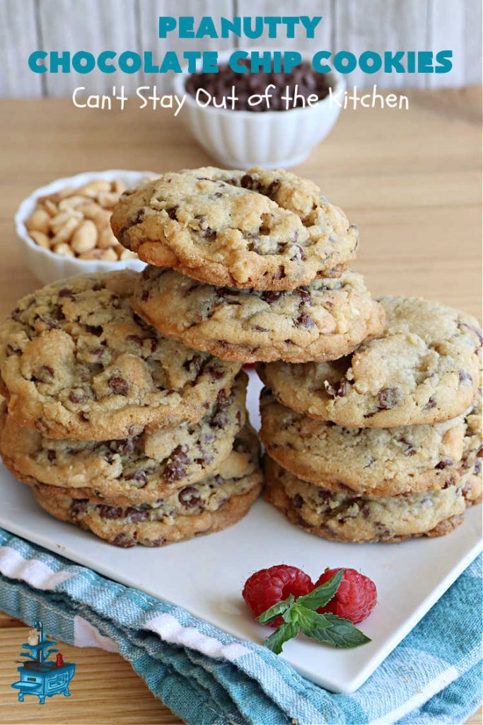 Peanutty Chocolate Chip Cookies | Can't Stay Out of the Kitchen | these luscious #cookies are filled with miniature #ChocolateChips & #RoastedPeanuts. They're both crunchy & chewy with soft insides. Excellent for #tailgating parties, potlucks, backyard BBQs & a #ChristmasCookieExchange. #holiday #HolidayDessert #ChocolateDessert #PeanutButterDessert #dessert #chocolate #PeanuttyChocolateChipCookies
