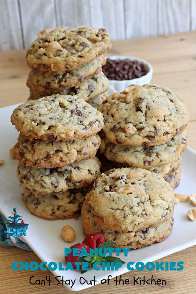 Peanutty Chocolate Chip Cookies | Can't Stay Out of the Kitchen | these luscious #cookies are filled with miniature #ChocolateChips & #RoastedPeanuts. They're both crunchy & chewy with soft insides. Excellent for #tailgating parties, potlucks, backyard BBQs & a #ChristmasCookieExchange. #holiday #HolidayDessert #ChocolateDessert #PeanutButterDessert #dessert #chocolate #PeanuttyChocolateChipCookies