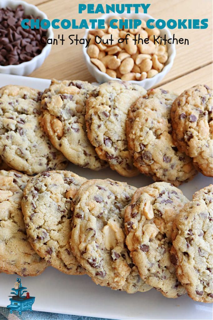 Peanutty Chocolate Chip Cookies | Can't Stay Out of the Kitchen | these luscious #cookies are filled with miniature #ChocolateChips & #RoastedPeanuts. They're both crunchy & chewy with soft insides. Excellent for #tailgating parties, potlucks, backyard BBQs & a #ChristmasCookieExchange. #holiday #HolidayDessert #ChocolateDessert #PeanutButterDessert #dessert #chocolate #PeanuttyChocolateChipCookies