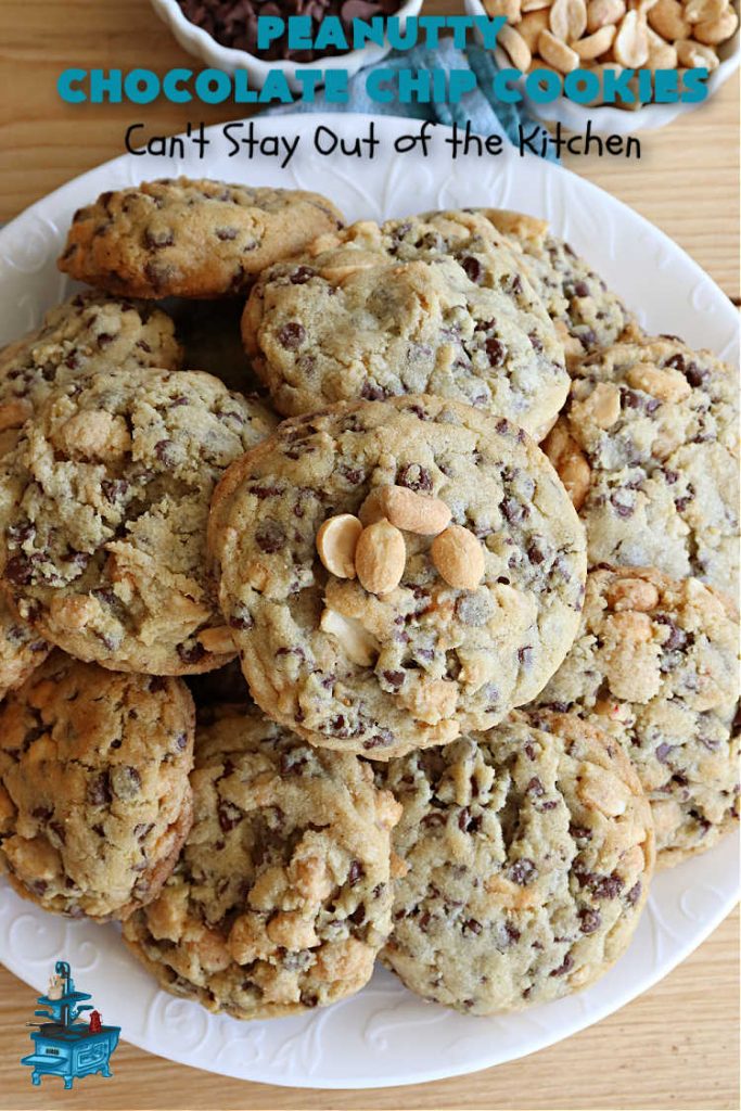 Peanutty Chocolate Chip Cookies | Can't Stay Out of the Kitchen | these luscious #cookies are filled with miniature #ChocolateChips & #RoastedPeanuts. They're both crunchy & chewy with soft insides. Excellent for #tailgating parties, potlucks, backyard BBQs & a #ChristmasCookieExchange. #holiday #HolidayDessert #ChocolateDessert #PeanutButterDessert #dessert #chocolate #PeanuttyChocolateChipCookies