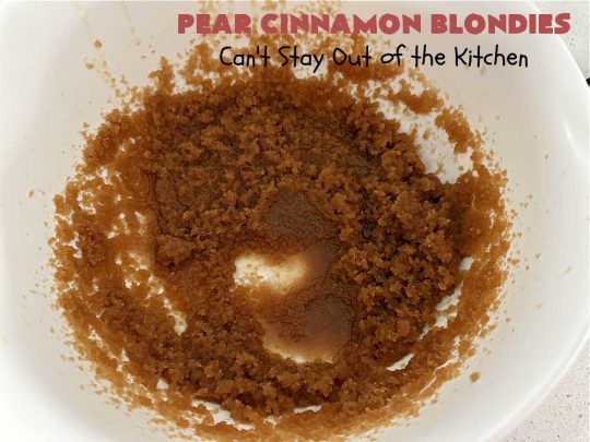 Pear Cinnamon Blondies | Can't Stay Out of the Kitchen | these luscious #blondies are very sweet, rich, decadent & heavenly. The bars include #bananas & #pears to keep them moist, #walnuts & #CinnamonChips to add texture & sweetness. They also have a fantastic #BrownedButterIcing on top with more #cinnamon chips to add even more decadence. Excellent for any kind of potluck or #holiday activity. Every bite will rock your world! #PearCinnamonBlondies