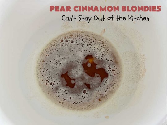 Pear Cinnamon Blondies | Can't Stay Out of the Kitchen | these luscious #blondies are very sweet, rich, decadent & heavenly. The bars include #bananas & #pears to keep them moist, #walnuts & #CinnamonChips to add texture & sweetness. They also have a fantastic #BrownedButterIcing on top with more #cinnamon chips to add even more decadence. Excellent for any kind of potluck or #holiday activity. Every bite will rock your world! #PearCinnamonBlondies