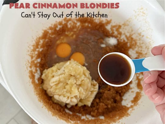Pear Cinnamon Blondies | Can't Stay Out of the Kitchen | these luscious #blondies are very sweet, rich, decadent & heavenly. The bars include #bananas & #pears to keep them moist, #walnuts & #CinnamonChips to add texture & sweetness. They also have a fantastic #BrownedButterIcing on top with more #cinnamon chips to add even more decadence. Excellent for any kind of potluck or #holiday activity. Every bite will rock your world! #PearCinnamonBlondies