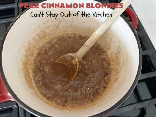 Pear Cinnamon Blondies | Can't Stay Out of the Kitchen | these luscious #blondies are very sweet, rich, decadent & heavenly. The bars include #bananas & #pears to keep them moist, #walnuts & #CinnamonChips to add texture & sweetness. They also have a fantastic #BrownedButterIcing on top with more #cinnamon chips to add even more decadence. Excellent for any kind of potluck or #holiday activity. Every bite will rock your world! #PearCinnamonBlondies