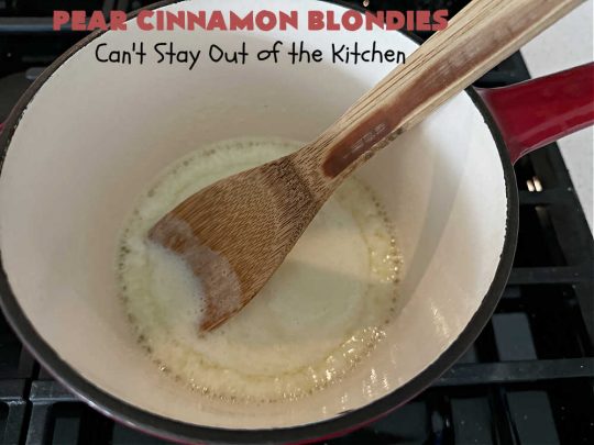 Pear Cinnamon Blondies | Can't Stay Out of the Kitchen | these luscious #blondies are very sweet, rich, decadent & heavenly. The bars include #bananas & #pears to keep them moist, #walnuts & #CinnamonChips to add texture & sweetness. They also have a fantastic #BrownedButterIcing on top with more #cinnamon chips to add even more decadence. Excellent for any kind of potluck or #holiday activity. Every bite will rock your world! #PearCinnamonBlondies