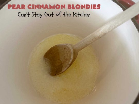 Pear Cinnamon Blondies | Can't Stay Out of the Kitchen | these luscious #blondies are very sweet, rich, decadent & heavenly. The bars include #bananas & #pears to keep them moist, #walnuts & #CinnamonChips to add texture & sweetness. They also have a fantastic #BrownedButterIcing on top with more #cinnamon chips to add even more decadence. Excellent for any kind of potluck or #holiday activity. Every bite will rock your world! #PearCinnamonBlondies