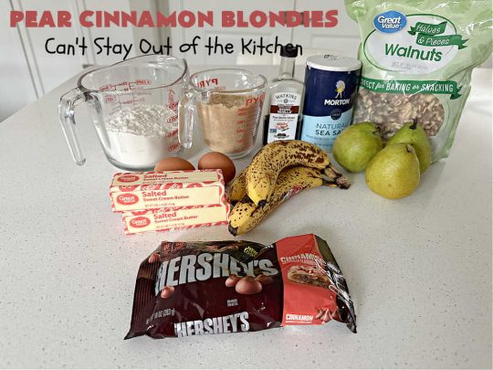 Pear Cinnamon Blondies | Can't Stay Out of the Kitchen | these luscious #blondies are very sweet, rich, decadent & heavenly. The bars include #bananas & #pears to keep them moist, #walnuts & #CinnamonChips to add texture & sweetness. They also have a fantastic #BrownedButterIcing on top with more #cinnamon chips to add even more decadence. Excellent for any kind of potluck or #holiday activity. Every bite will rock your world! #PearCinnamonBlondies