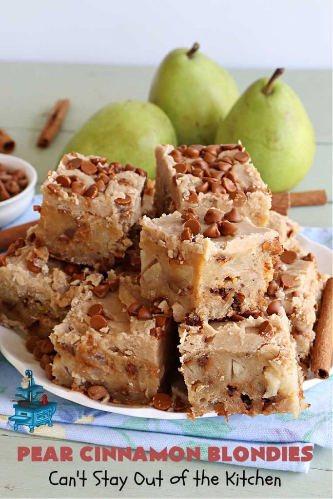 Pear Cinnamon Blondies | Can't Stay Out of the Kitchen | these luscious #blondies are very sweet, rich, decadent & heavenly. The bars include #bananas & #pears to keep them moist, #walnuts & #CinnamonChips to add texture & sweetness. They also have a fantastic #BrownedButterIcing on top with more #cinnamon chips to add even more decadence. Excellent for any kind of potluck or #holiday activity. Every bite will rock your world! #PearCinnamonBlondies