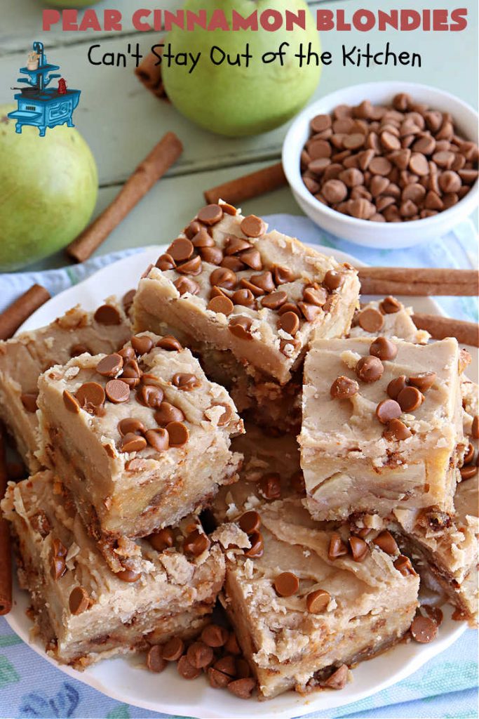 Pear Cinnamon Blondies | Can't Stay Out of the Kitchen | these luscious #blondies are very sweet, rich, decadent & heavenly. The bars include #bananas & #pears to keep them moist, #walnuts & #CinnamonChips to add texture & sweetness. They also have a fantastic #BrownedButterIcing on top with more #cinnamon chips to add even more decadence. Excellent for any kind of potluck or #holiday activity. Every bite will rock your world! #PearCinnamonBlondies